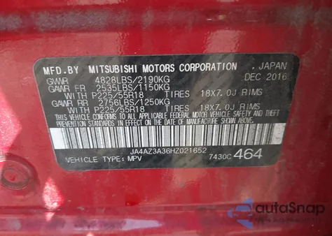 2017 Mitsubishi Outlander Se from USA, damaged, VIN JA4AZ3A36HZ021652